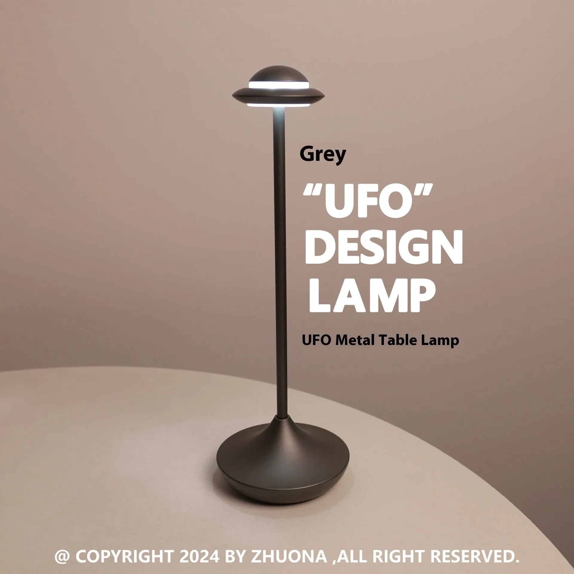 Modern UFO-shaped metal table lamp with touch controls in black, gold, or grey colour options