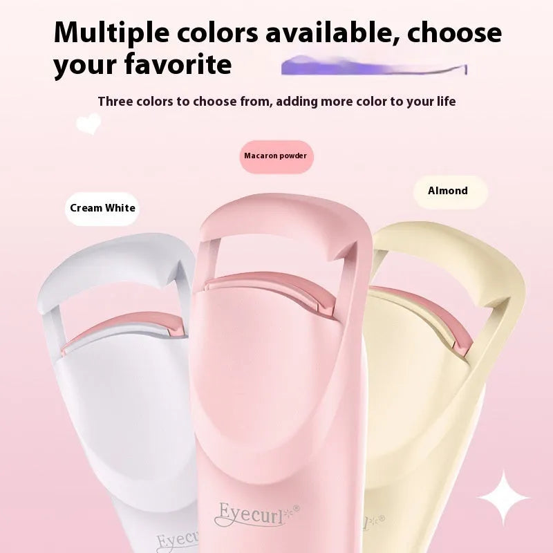 USB electric eyelash curler in cream white, pink, or apricot with charging cable.