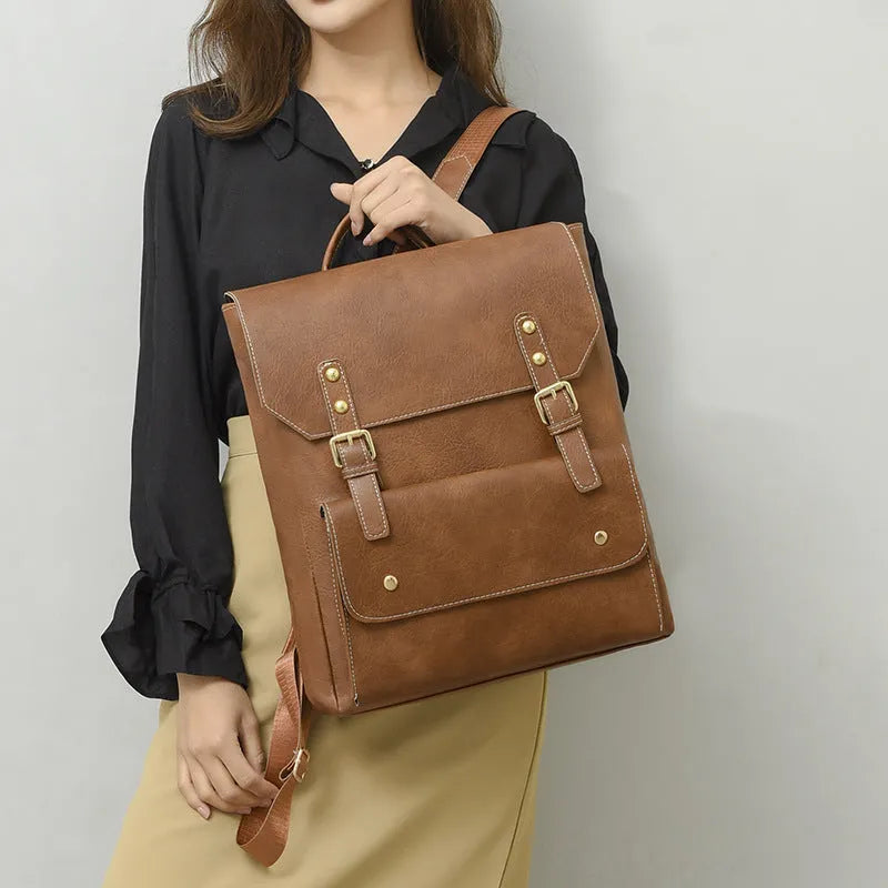 Korean style retro backpack in brown colour showing ventilation back panel and soft PU construction