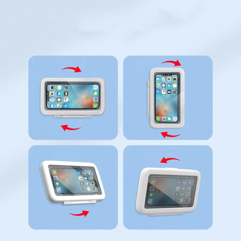 Waterproof bathroom phone holder with touch screen mounted on tile