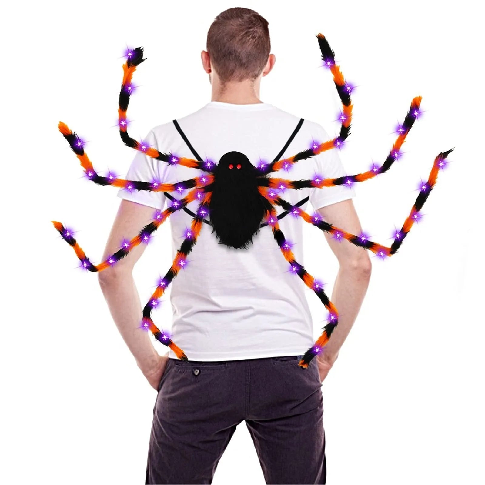 Halloween Spider Backpack with LED lights in plush sugar bag material, shown in orange and purple colour variant.