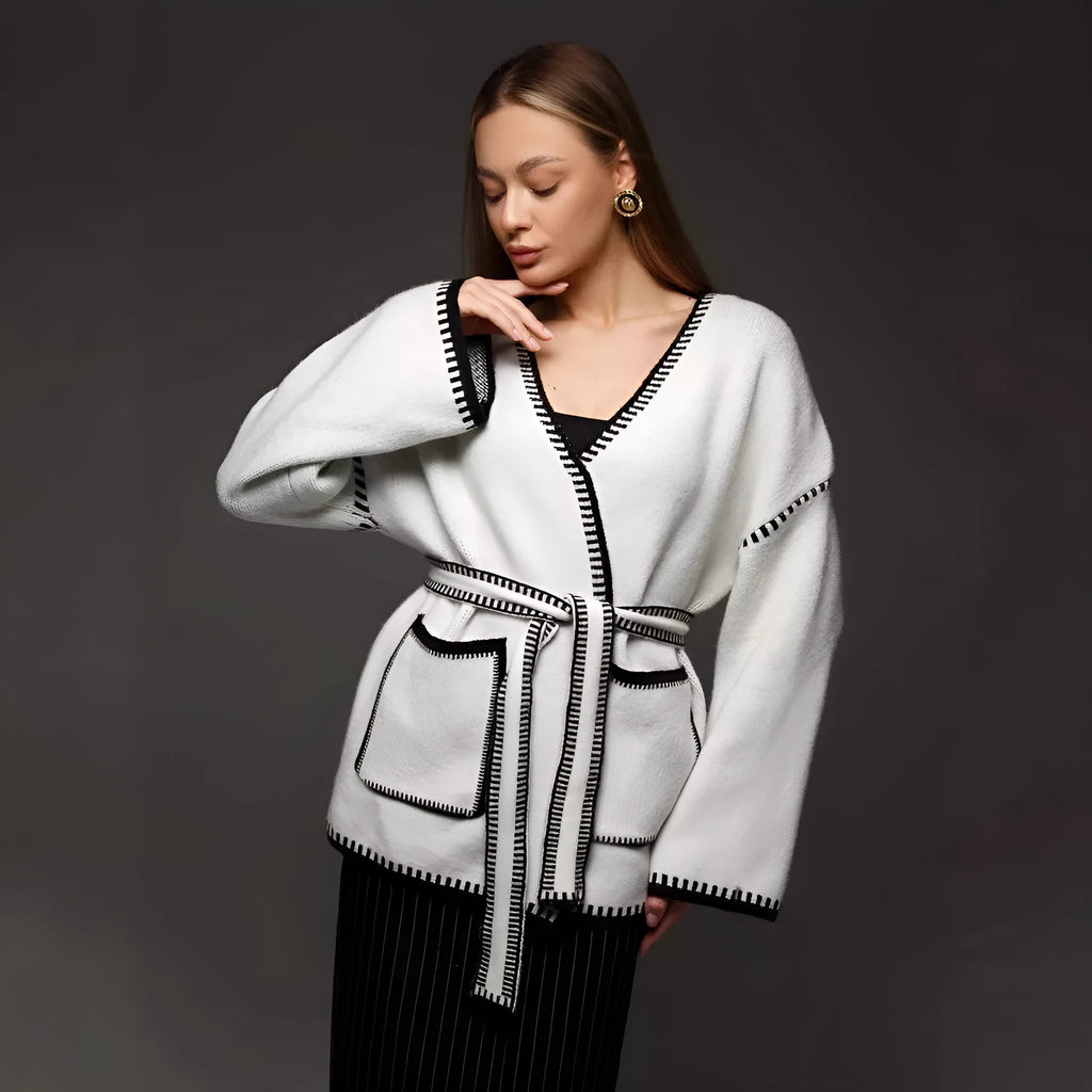 Lace-up front knitted cardigan in imitation cashmere fabric available in black, camel and white colours
