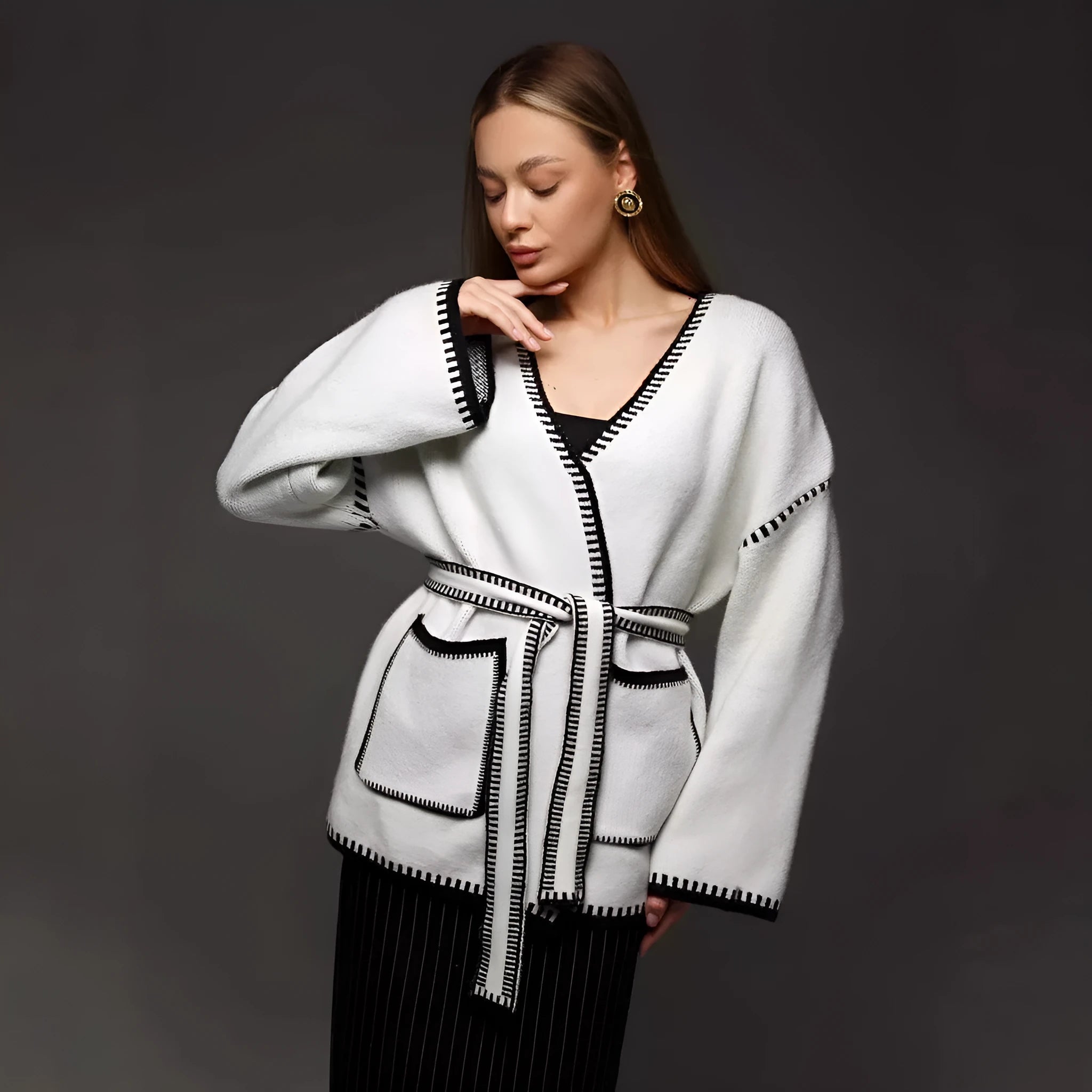 Lace-up front knitted cardigan in imitation cashmere fabric available in black, camel and white colours