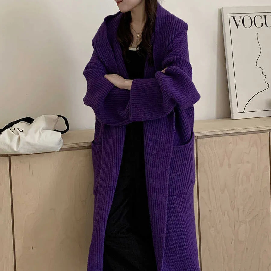 Women's loose hooded cardigan coat in acrylic fibre with 80cm length