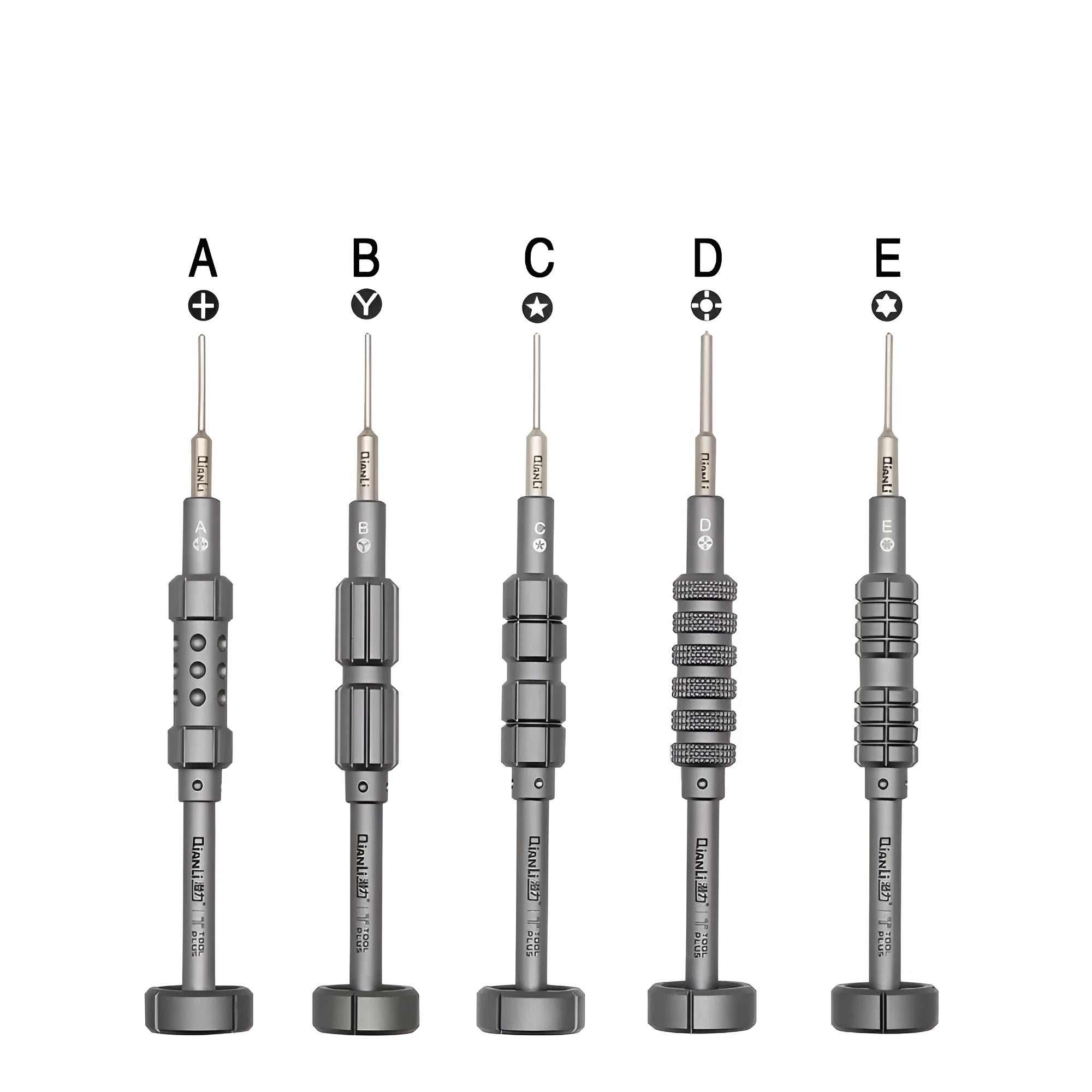 iPhone compatible precision screwdriver with grenade-shaped aluminium handle and five bit types including T2 cross triangle