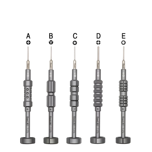 iPhone compatible precision screwdriver with grenade-shaped aluminium handle and five bit types including T2 cross triangle