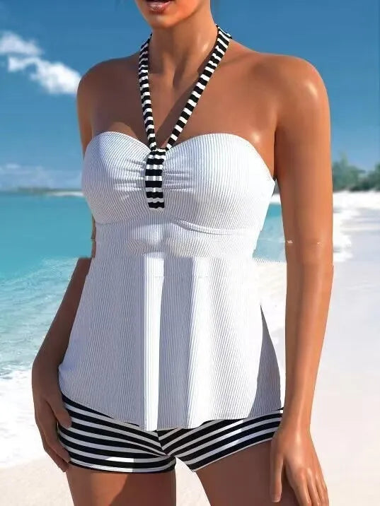 Black and white striped off-shoulder swimsuit for women, one-piece design