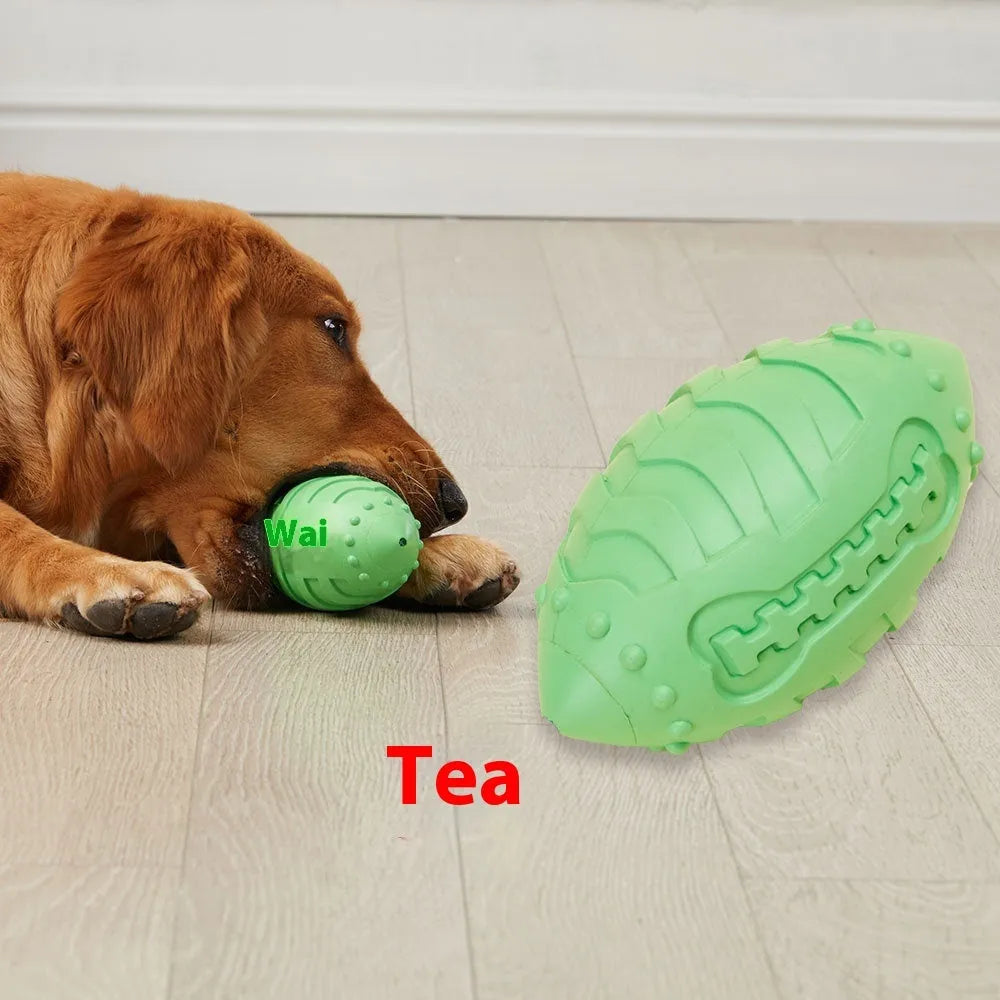 Light green or sapphire blue bite-resistant rubber dog rugby ball toy for teeth cleaning.
