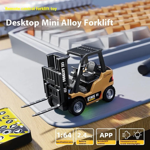 1:64 scale silver alloy Bluetooth remote-control forklift toy with mobile phone app on screen.