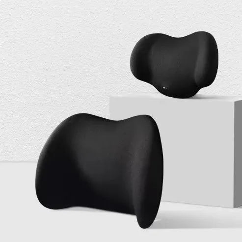 Black memory cotton car headrest cushion and lower back support cushion on a car seat.