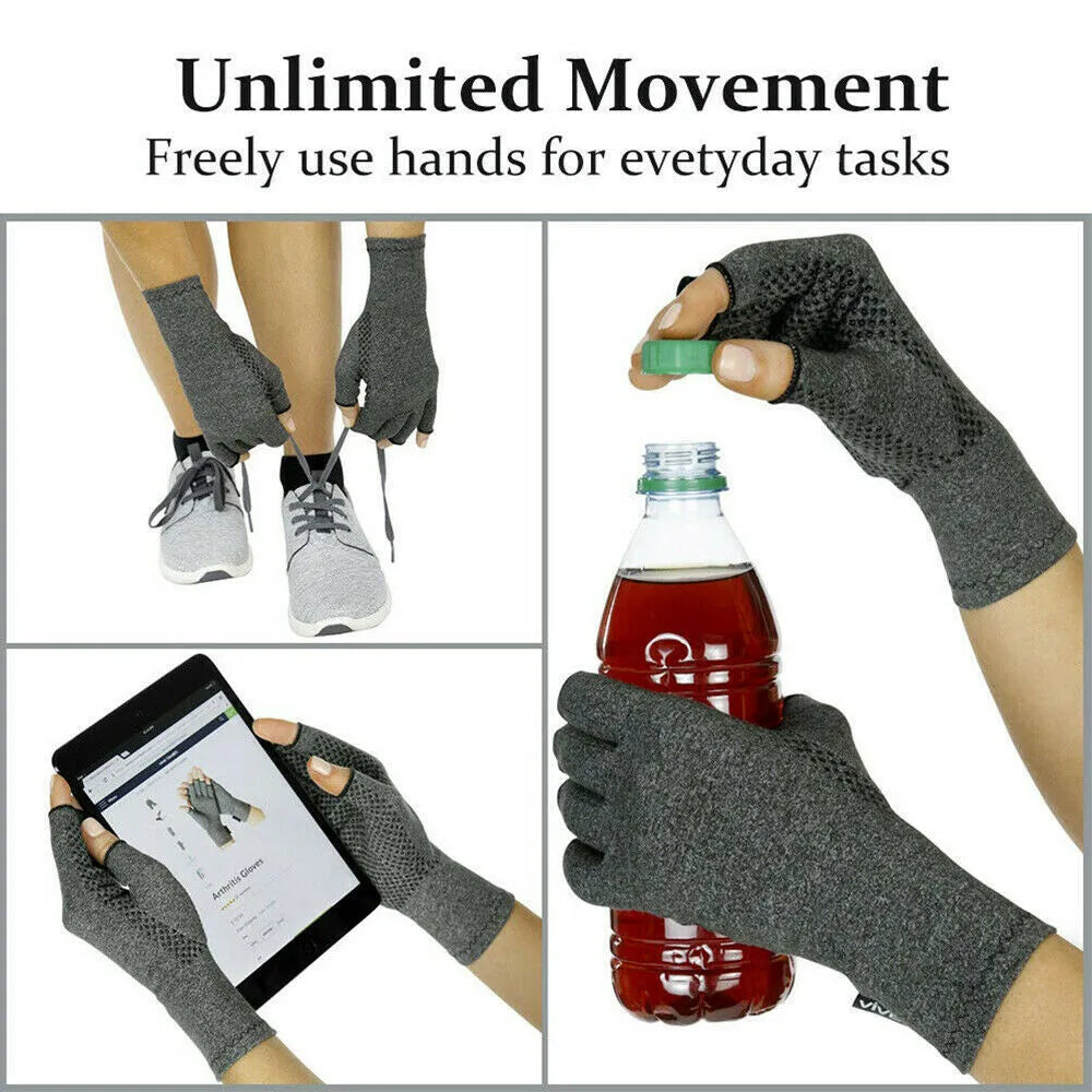 Grey half-finger joint compression gloves showing the palm and wrist coverage.