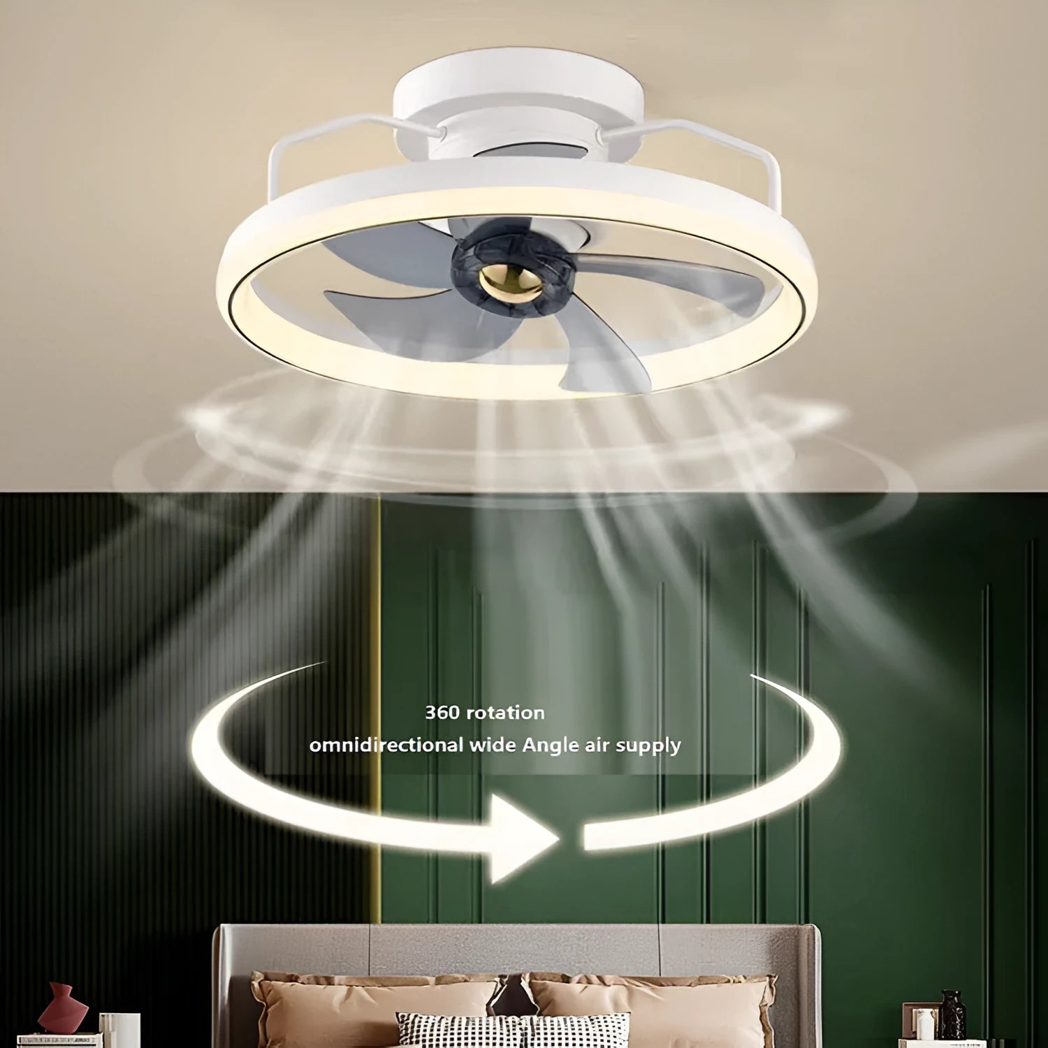 Modern simple style ceiling fan lamp with integrated light and five blades.