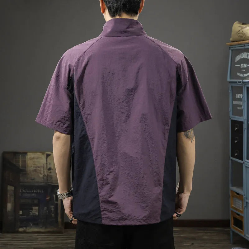 Men's brown half-zip stand collar business shirt with short sleeves and loose fit for summer wear