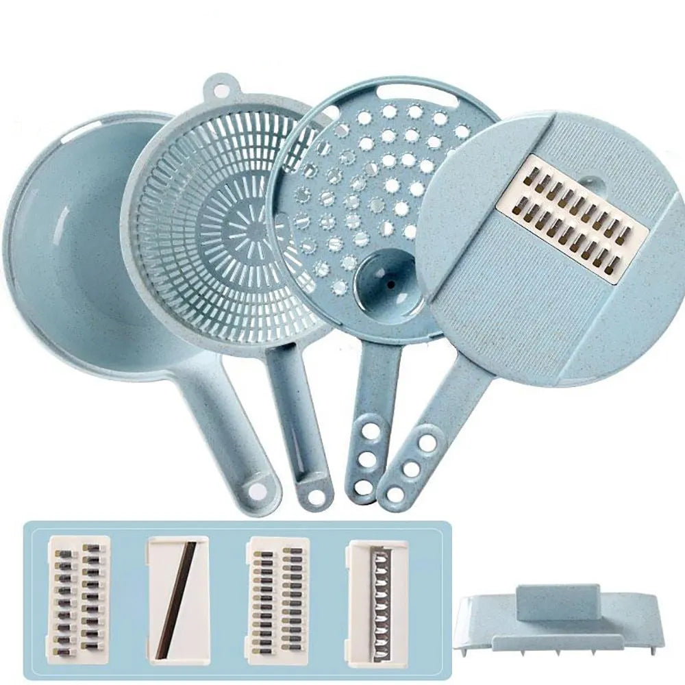 8-in-1 mandoline vegetable slicer with stainless blades, hand guard, and container in blue