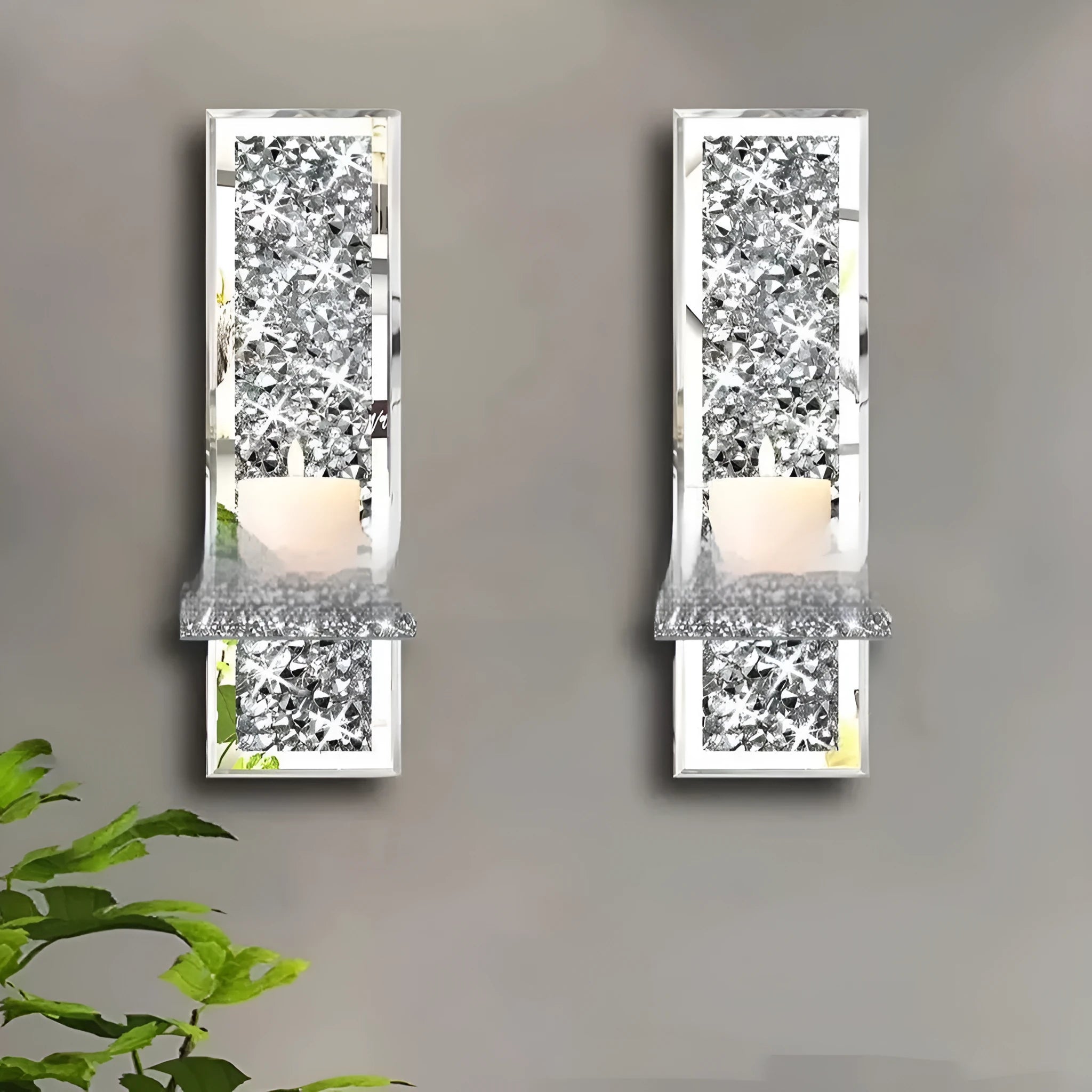Pair of silver mirror glass wall-mounted candle holders with modern design