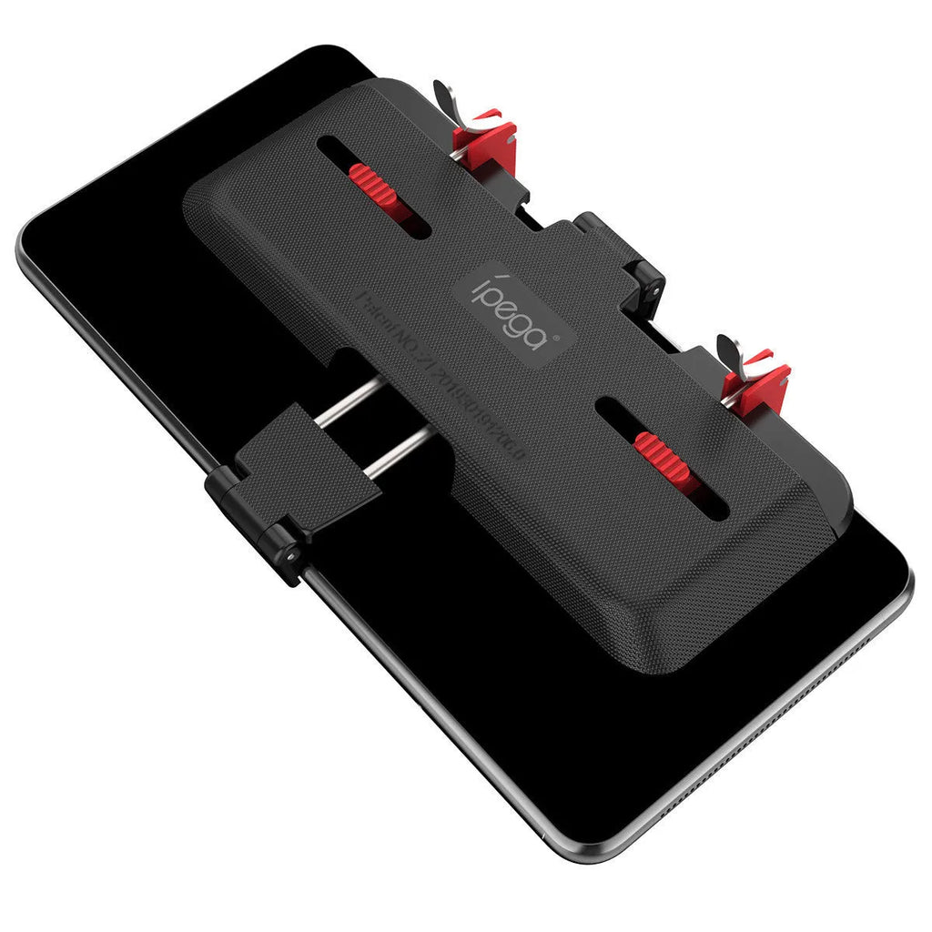 Black mobile phone gaming bracket with a metal trigger and telescopic fixing clip for phones.