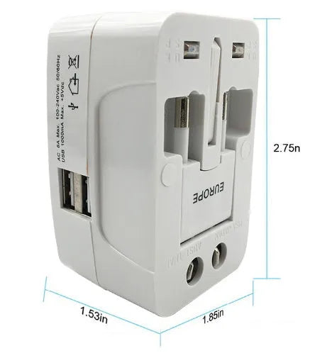 Universal travel adapter plug measuring 73x50x39mm for international socket conversion