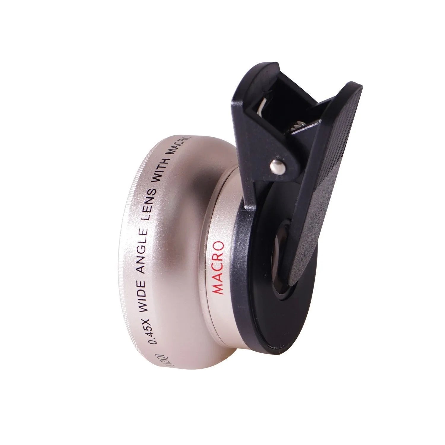 LIEQI external wide-angle and macro smartphone camera lens in metal housing.