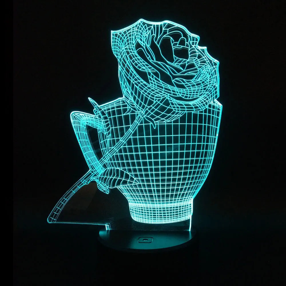 A 3D acrylic rose LED night light with a black base, displaying a purple glow, sitting on a wooden surface.