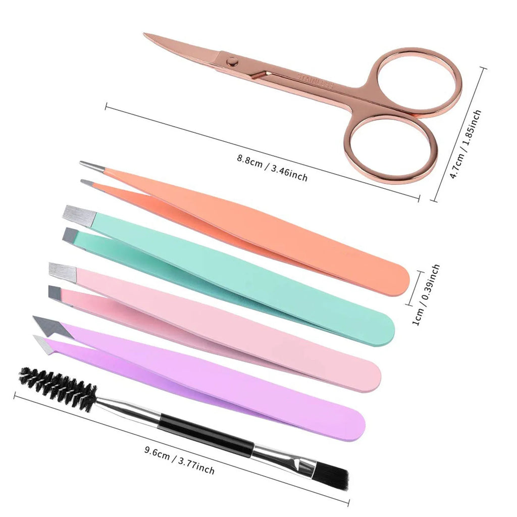 Professional 6-piece stainless steel eyebrow tweezers set with curved scissors and leather case
