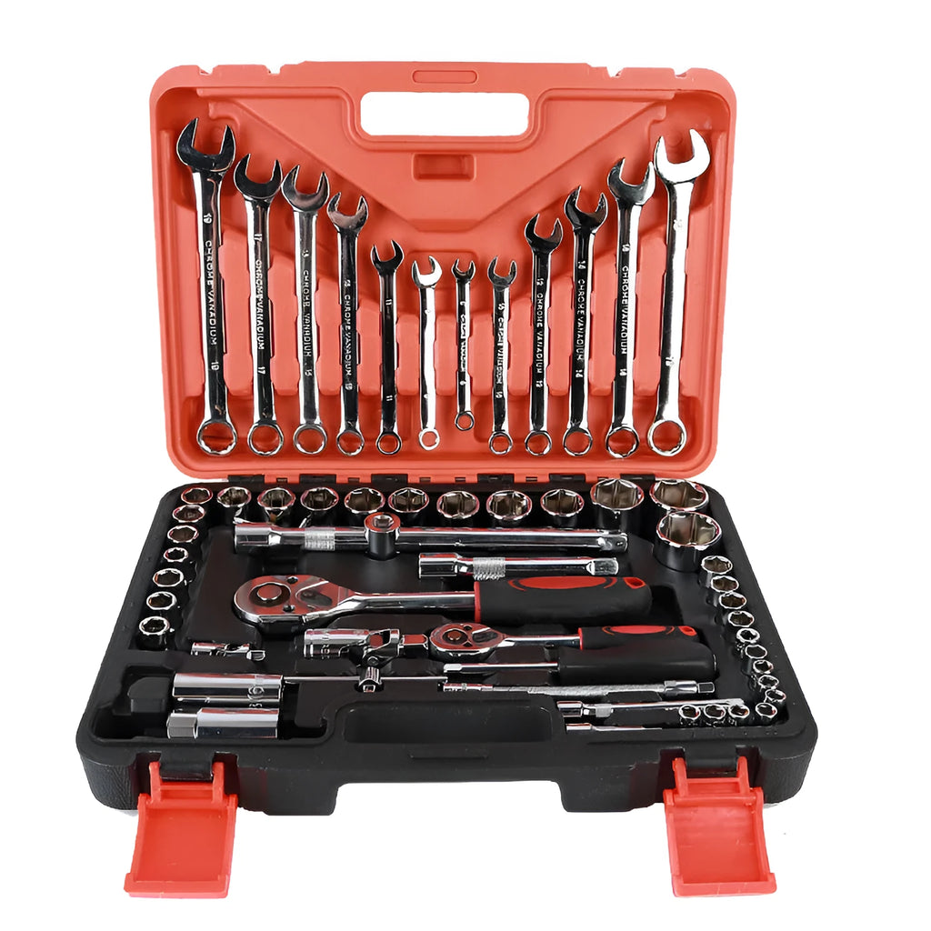 61-piece chrome vanadium steel machine repair socket and wrench set with ratchets and extensions