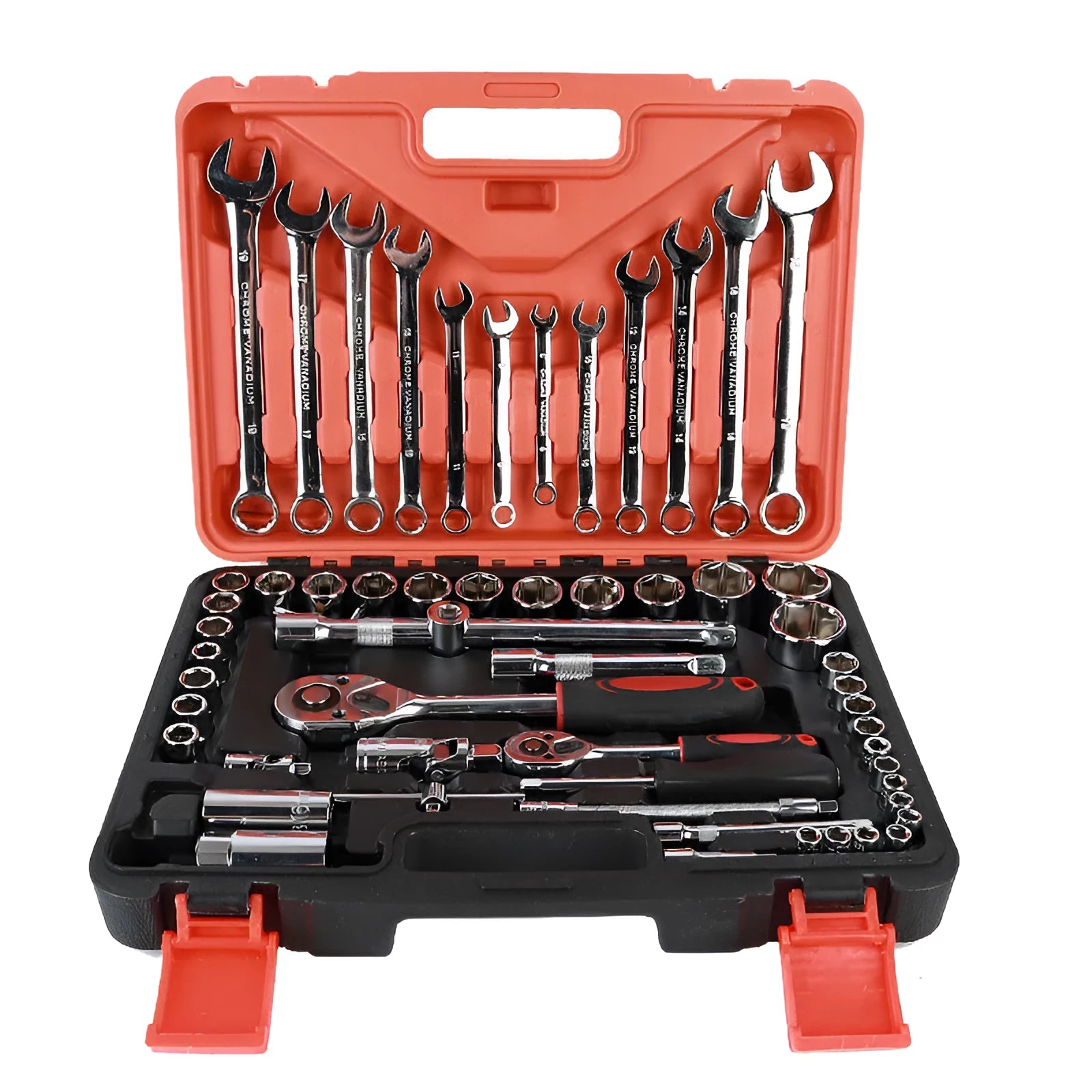 61-piece chrome vanadium steel machine repair socket and wrench set with ratchets and extensions