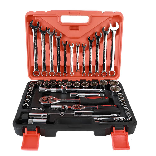 61-piece chrome vanadium steel machine repair socket and wrench set with ratchets and extensions