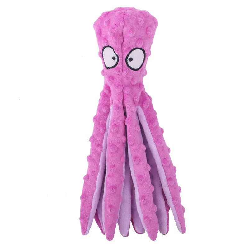 Blue octopus-shaped dog chew toy with crinkle sounds, unfilled construction, bite-resistant mesh material