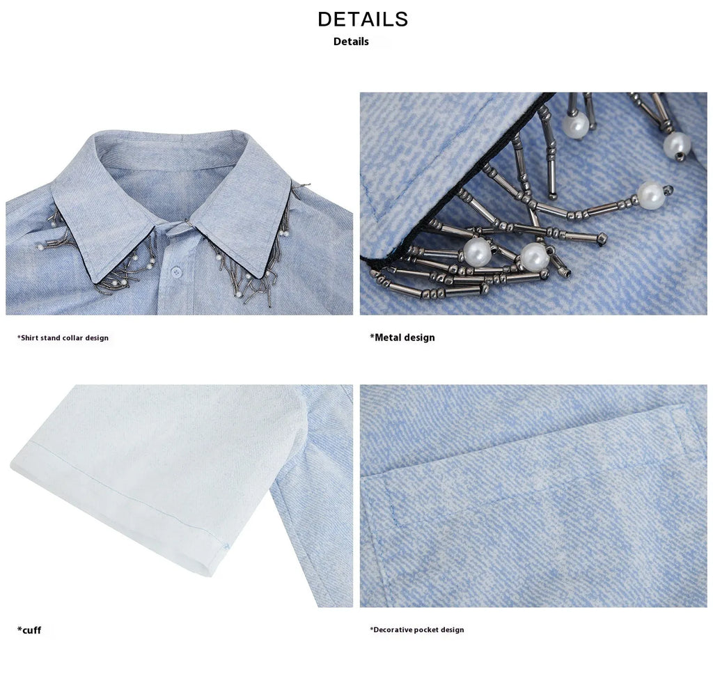 Men's loose fitting blue and white gradient short sleeve shirt with quilted texture.