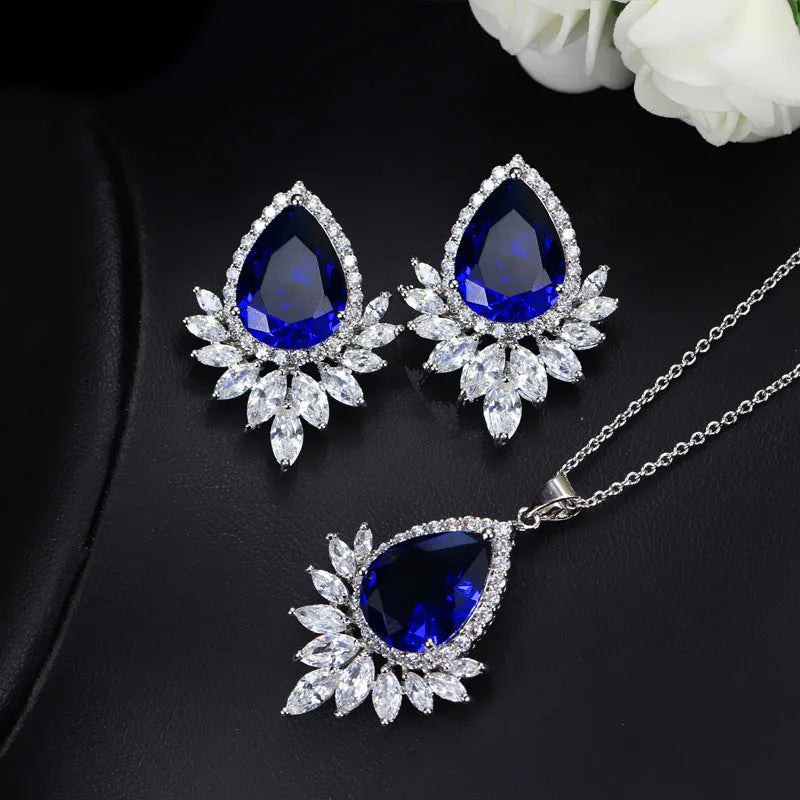 AAA formal jewellery set with necklace and earrings for bridal banquets, in blue, red, and white options.