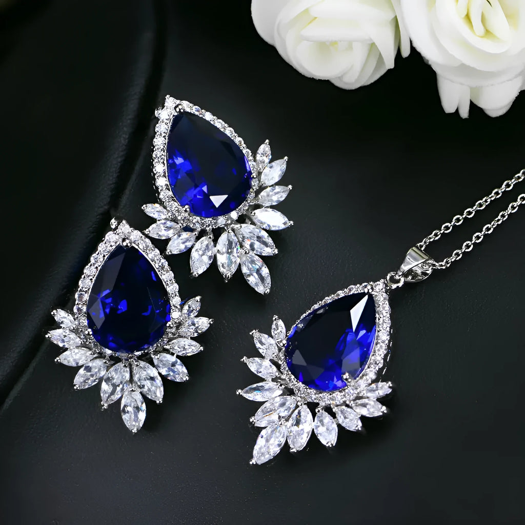 AAA formal jewellery set with necklace and earrings for bridal banquets, in blue, red, and white options.