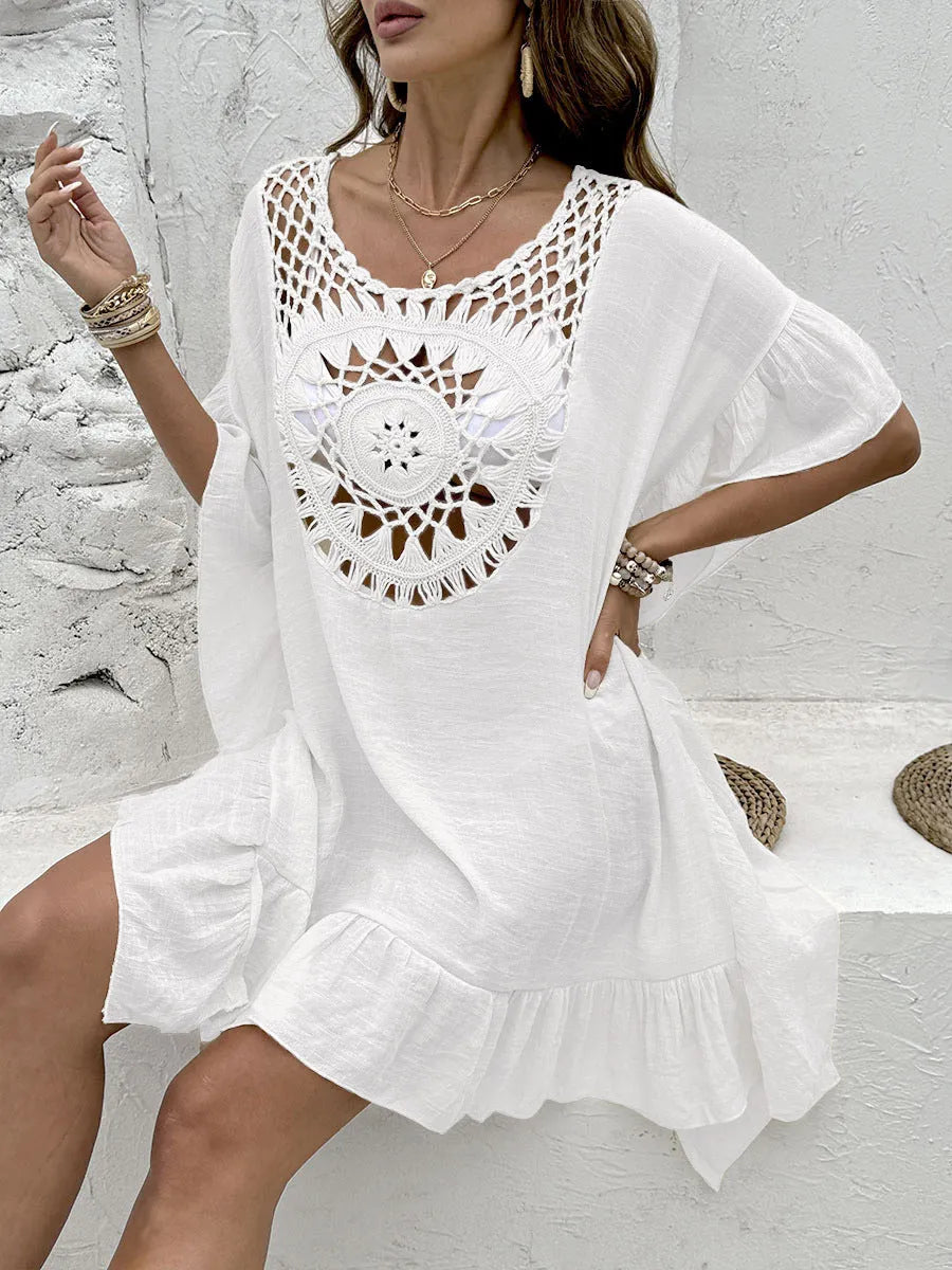 Crochet patchwork beach dress cover-up in slubbed hollow yarn fabric with collage stitching details