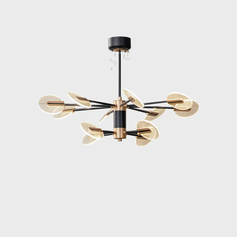 Nordic style black iron chandelier with multiple acrylic lamp shades hanging from ceiling