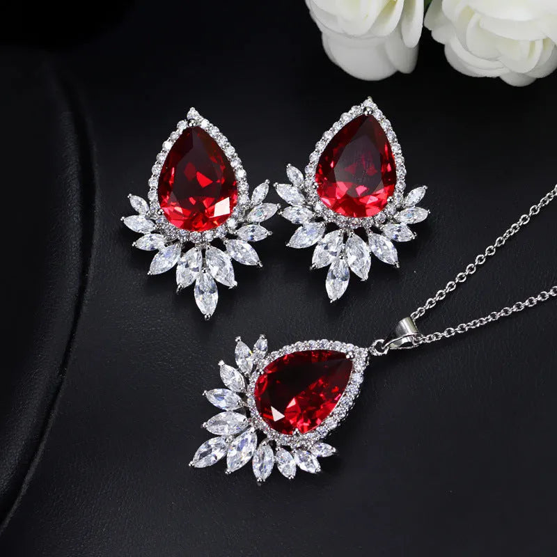 AAA formal jewellery set with necklace and earrings for bridal banquets, in blue, red, and white options.