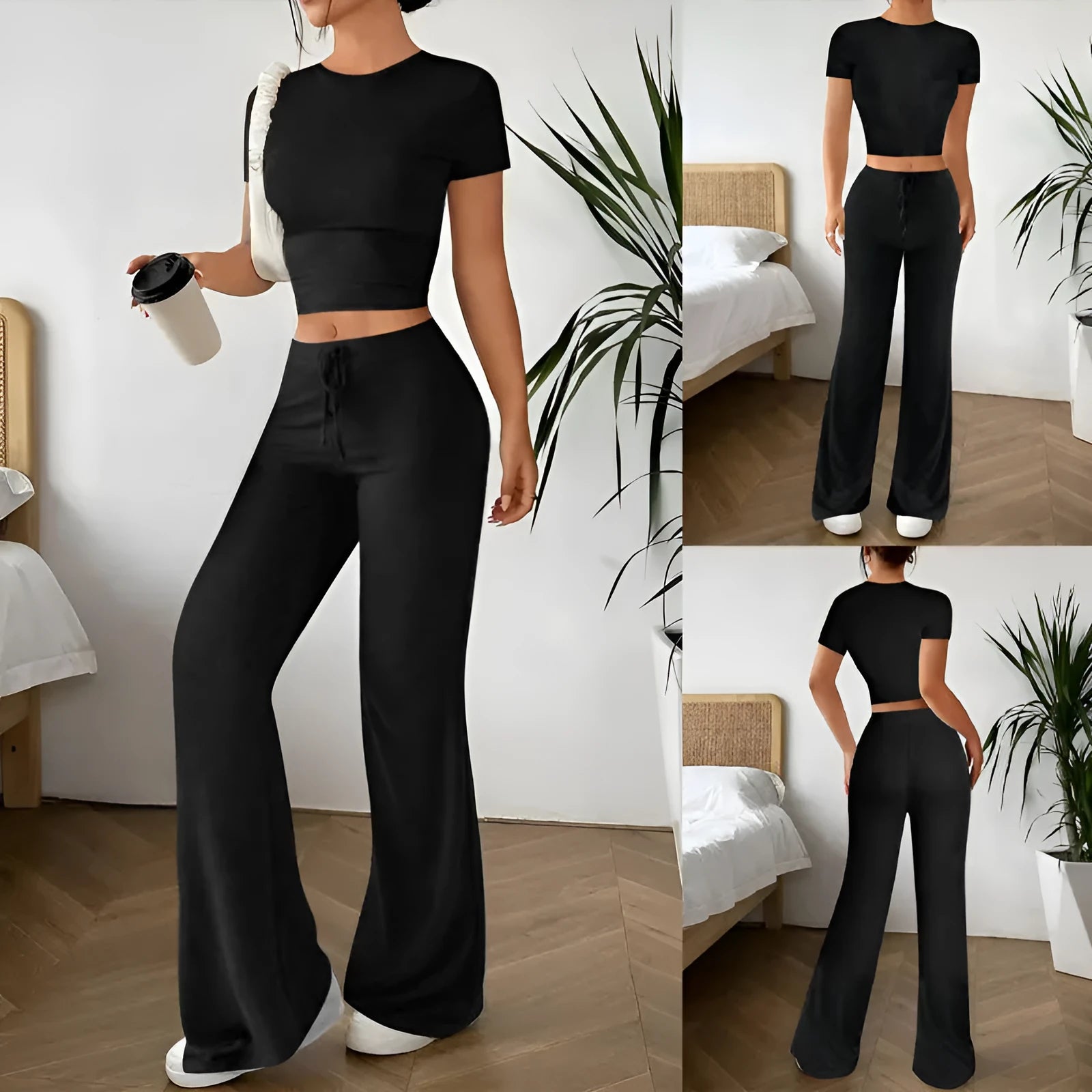 Women's black polyester trouser and T-shirt co-ord set showing complete outfit
