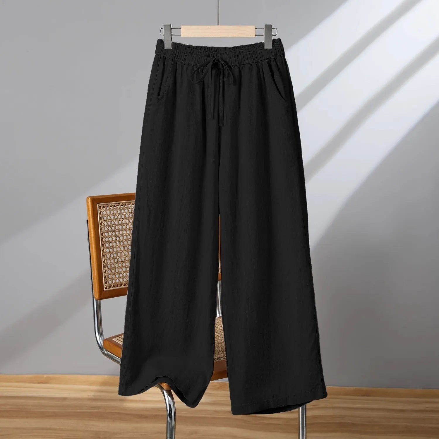 Women's straight-leg casual pants with elastic drawstring waist in four colour options