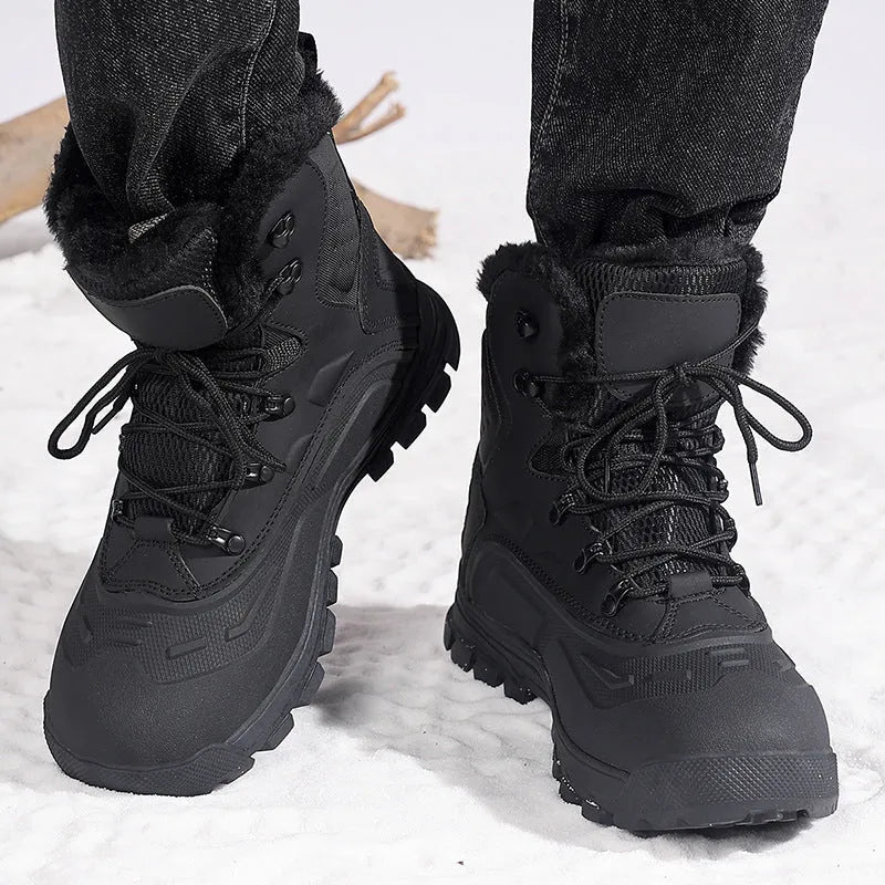 Fleece-lined high-top lace-up men's boots in black plus velvet or khaki, flat heel.