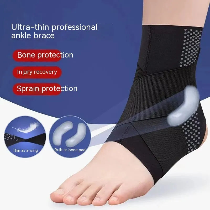 Black Lycra ankle support brace shown wrapped around an adult ankle