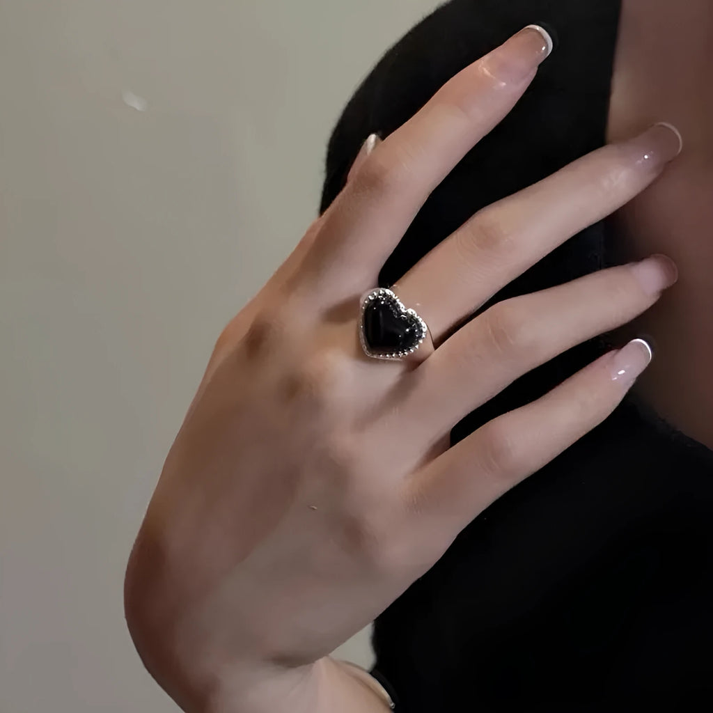 S925 sterling silver adjustable heart agate ring with black stone and open mouth design