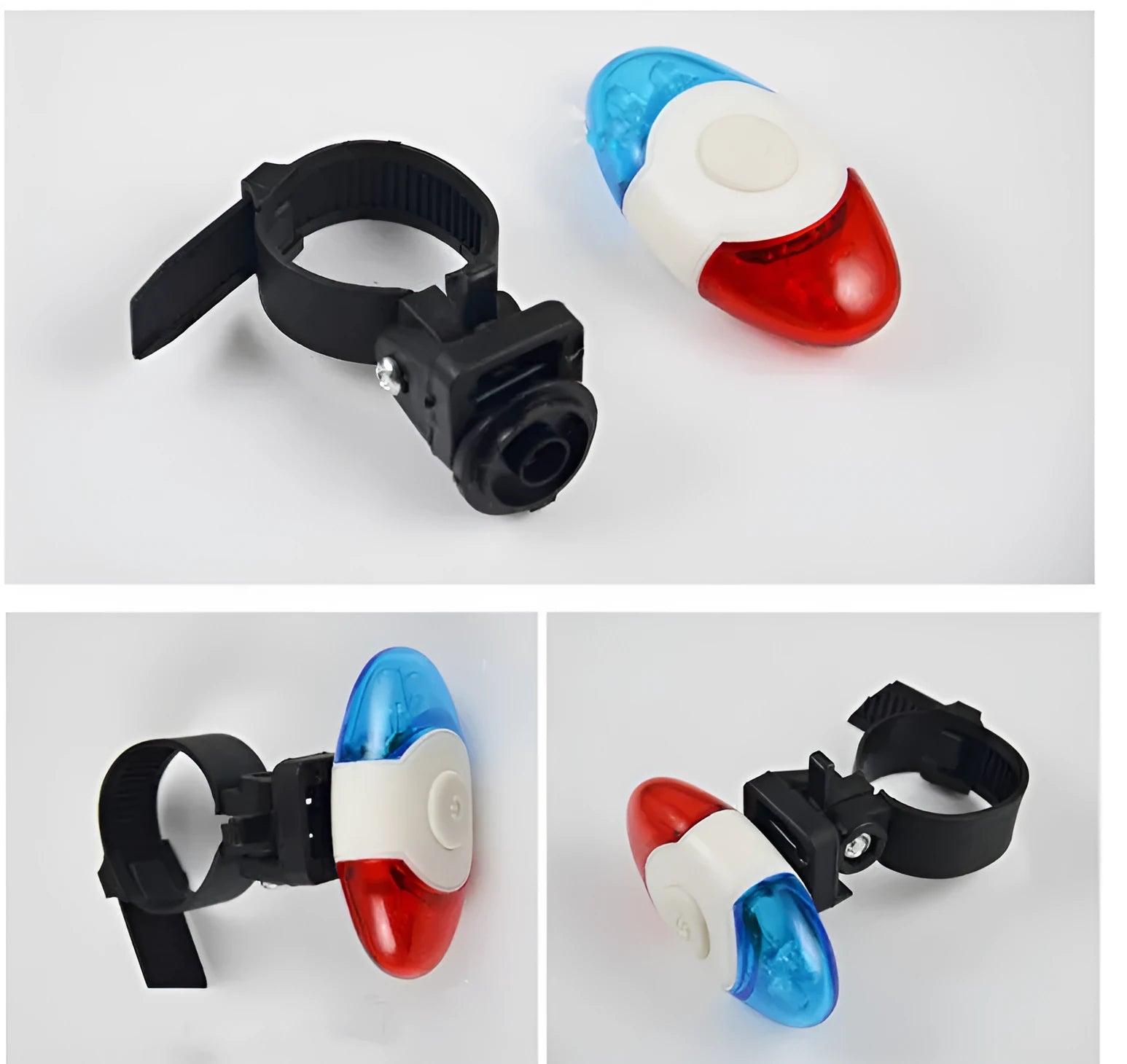 Red and blue LED tail light with adjustable mounting base on a dark background.