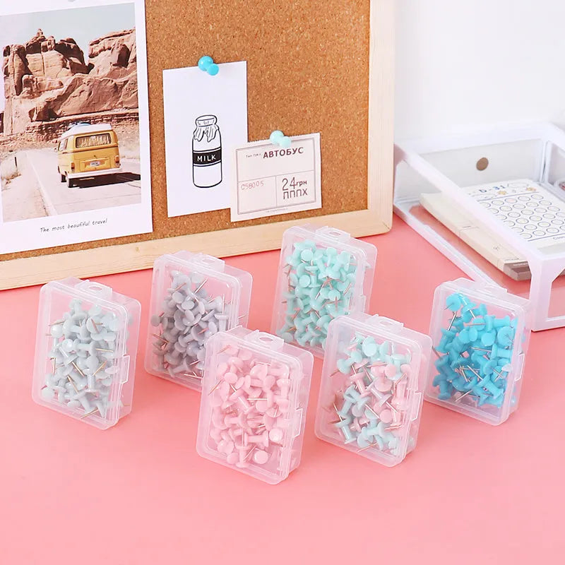 Morandi colour push pins in green, grey, and pink with three different head designs on cork board