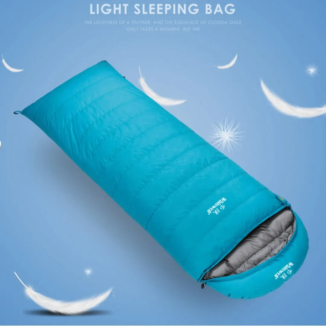 Black outdoor sleeping bag with goose down filler and tear-resistant nylon fabric shown unzipped.