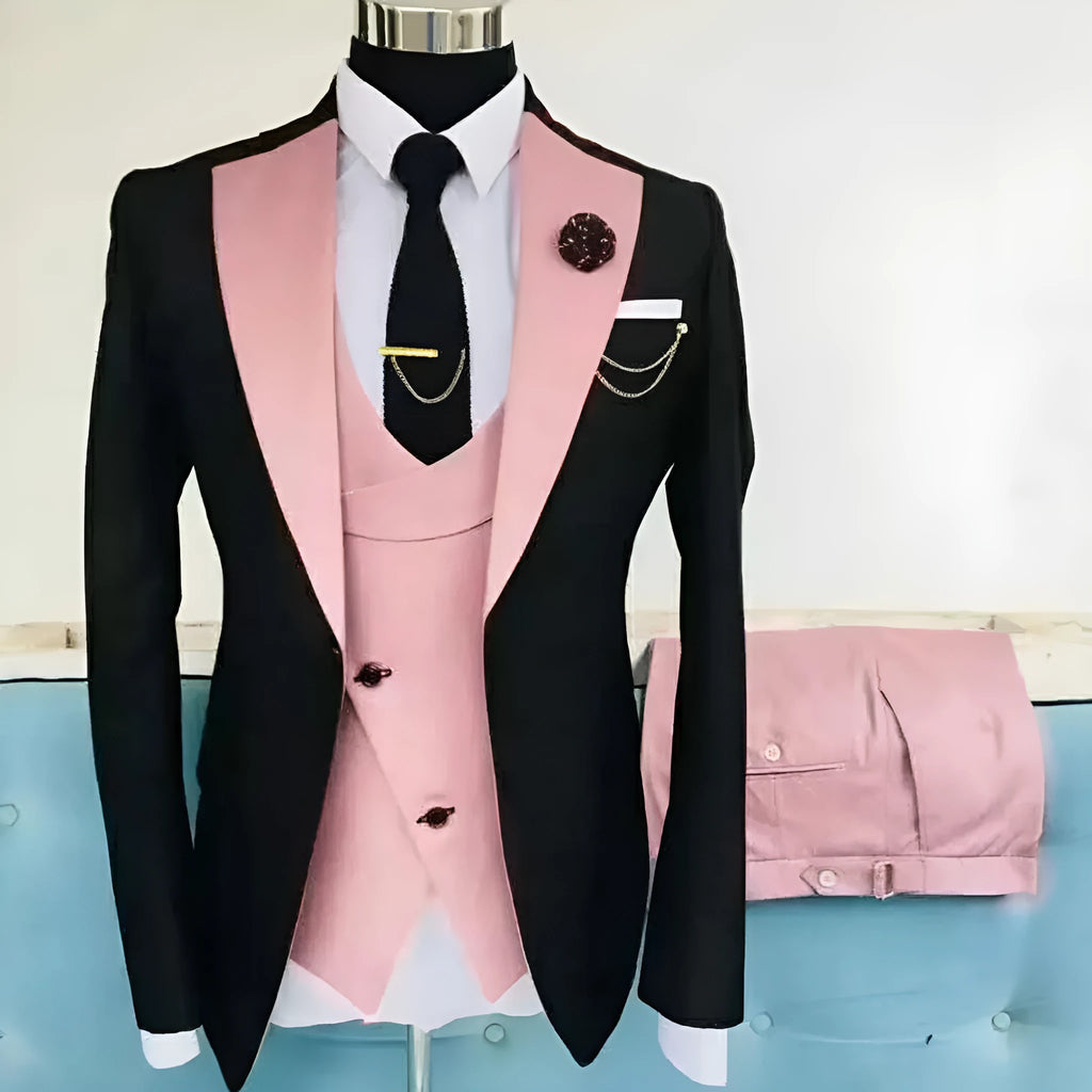 Men's slim fit cotton three-piece business suit with vest for formal occasions.
