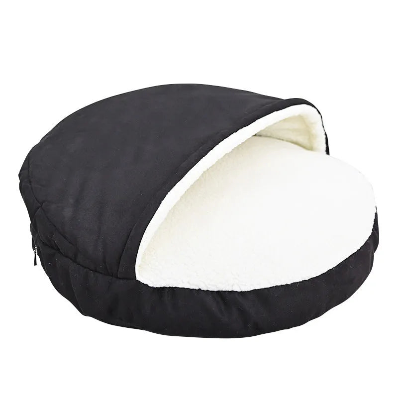 Brown removable cloth dog kennel bed with washable cover shown in a home setting.
