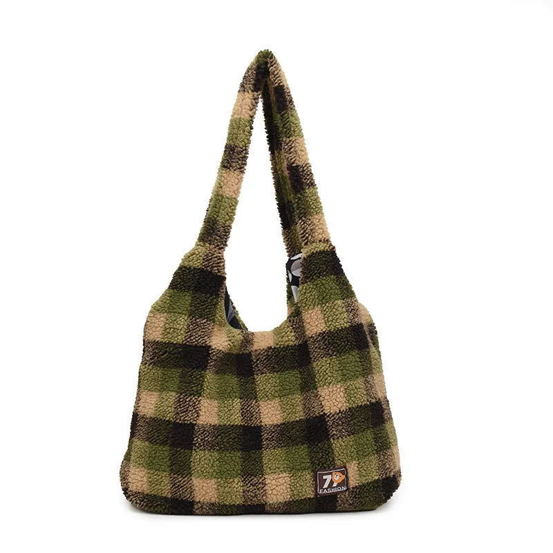 Women's plaid crossbody tote bag showing orange, purple, and army green options with large capacity design