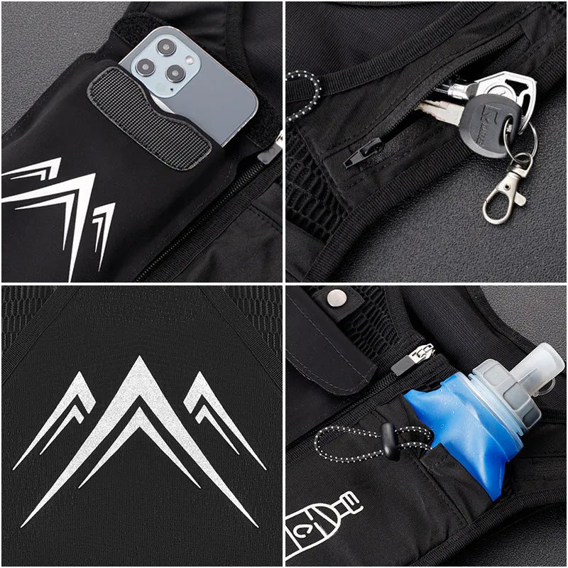 Black breathable mesh sports running vest with a front mobile phone pocket.
