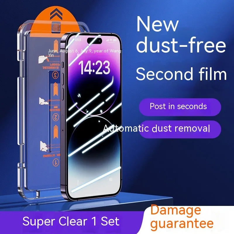 iPhone tempered glass privacy screen protector with anti-fingerprint and anti-blue light features.