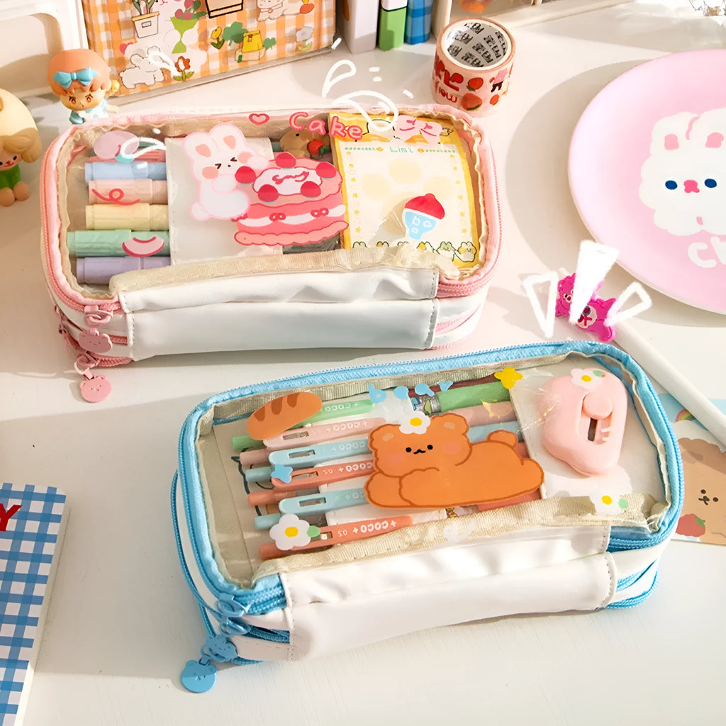Japanese transparent heart-shaped pen bag with rabbit designs in TPU material