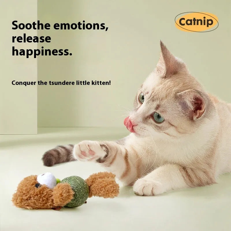 Plush catnip ball toy with mint ball inside and bell, measuring 15cm high, in assorted animal colour designs