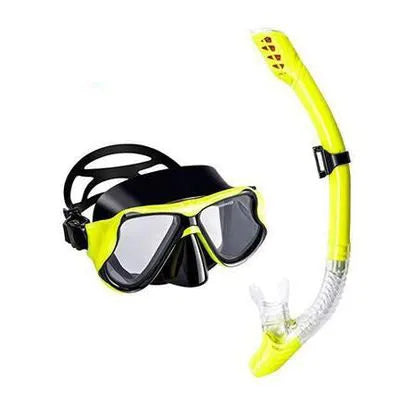 Black anti-fog lens diving goggles with PC frame, silicone strap, and mouthpiece on a blue background.